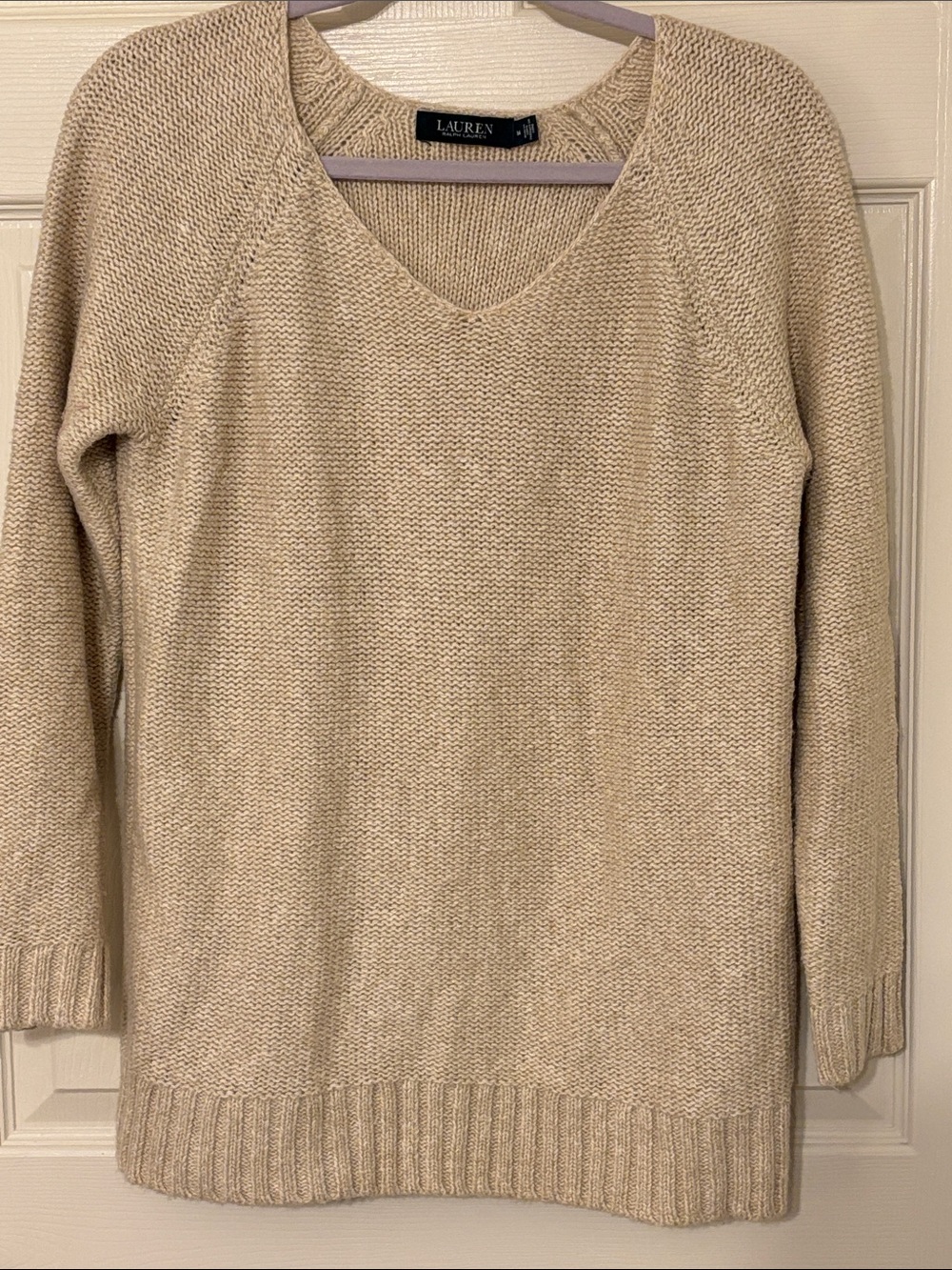 Lauren Ralph Lauren Beige V-Neck Cotton Blend Knit Sweater